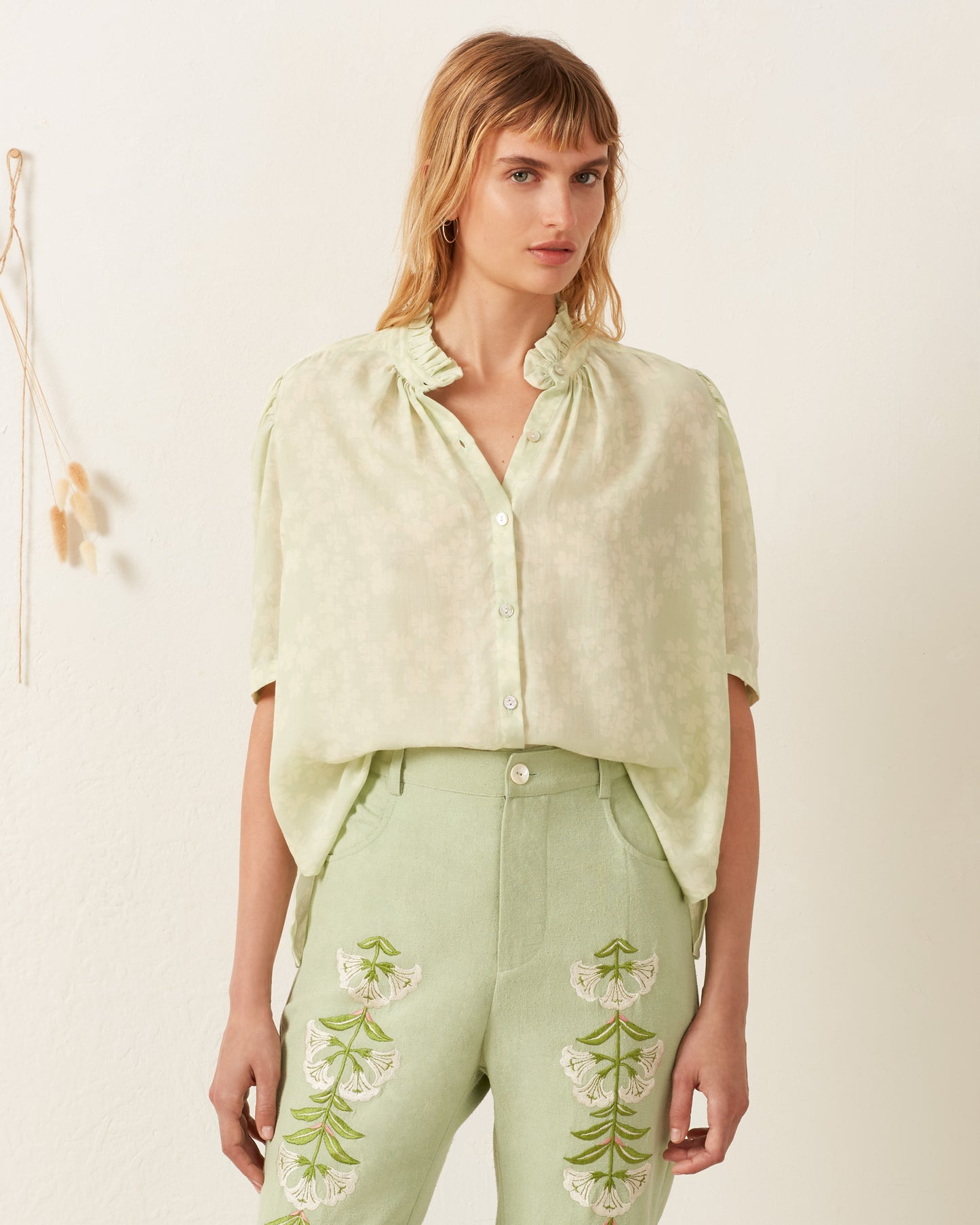 Person wearing Alix of Bohemia Winn Celadon Clover Shirt