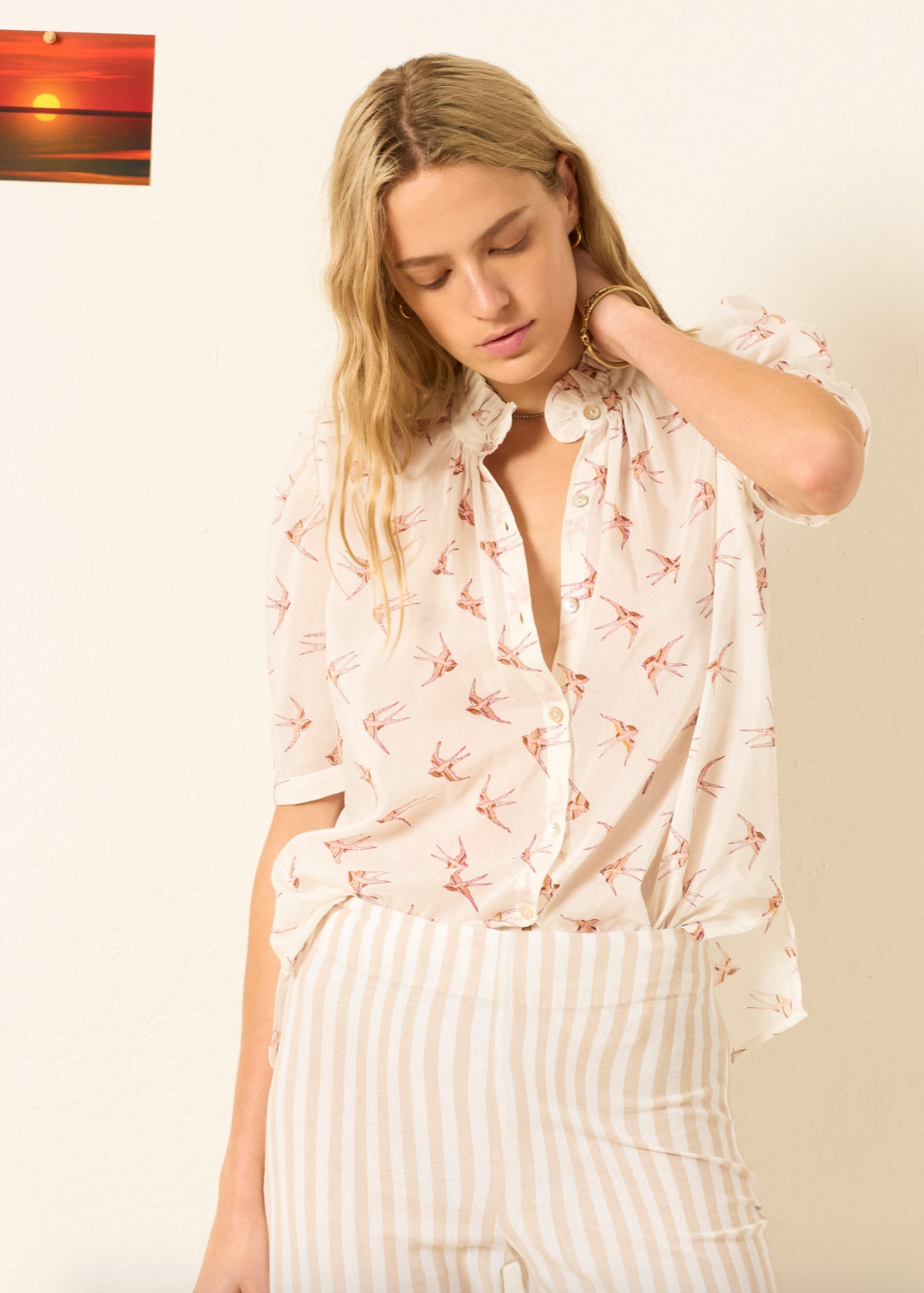 Person wearing Alix of Bohemia cotton Winnie Cedar Swallow Shirt