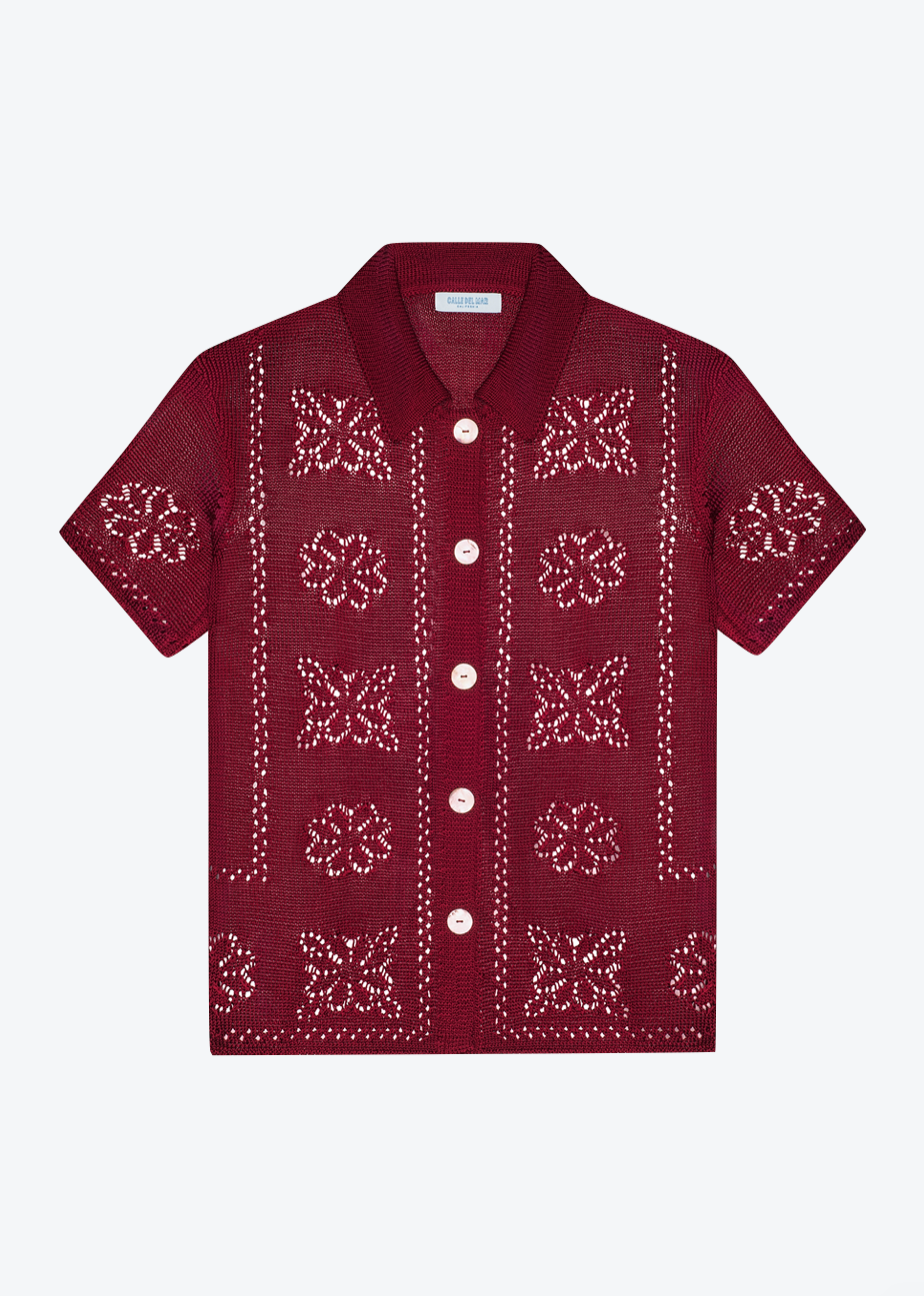 Calle del mar Floral Tile Short Sleeve Shirt In Oxblood