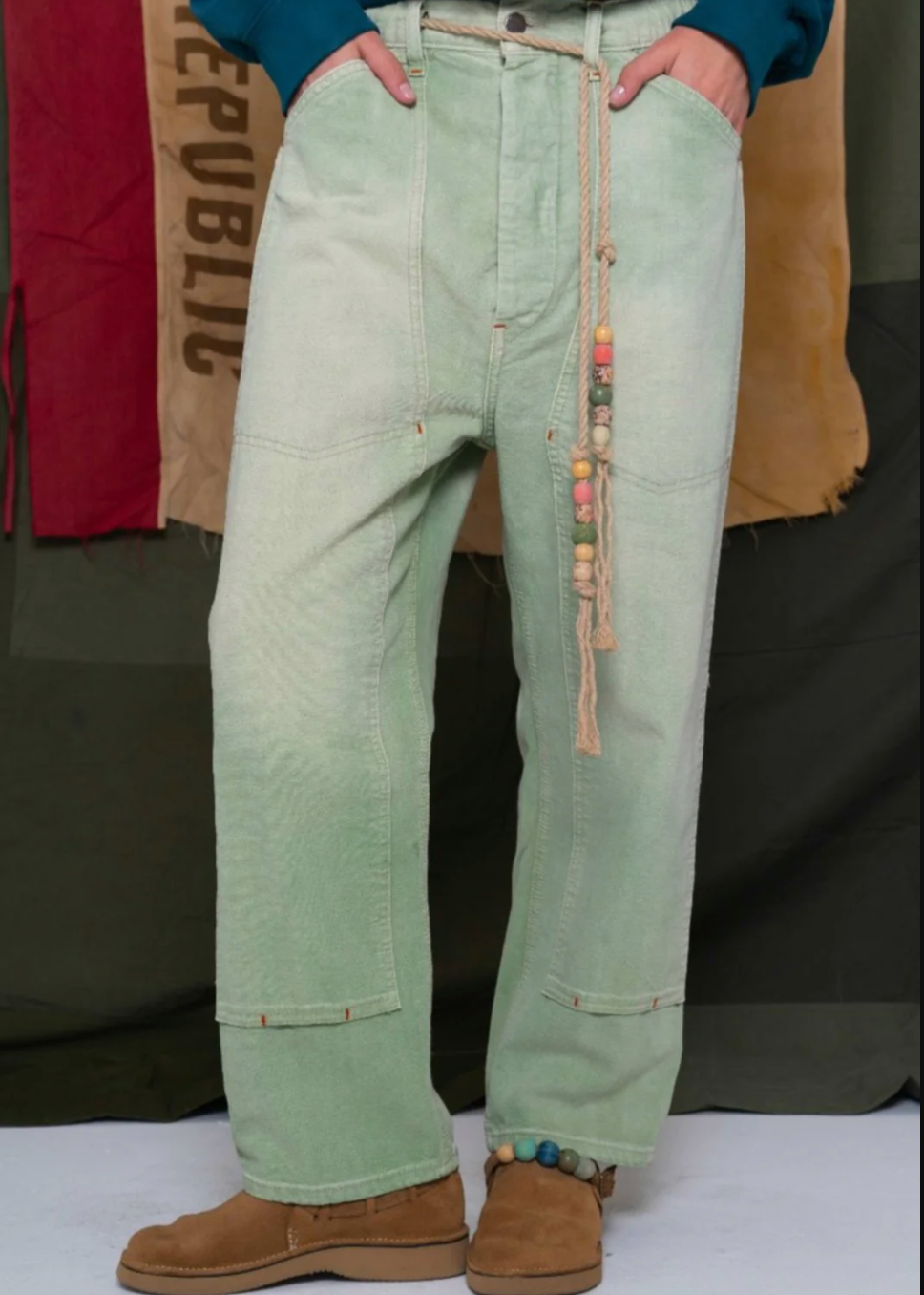 Person wearing Dr. Collectors P71 Carpenter Pant in Smoke Green