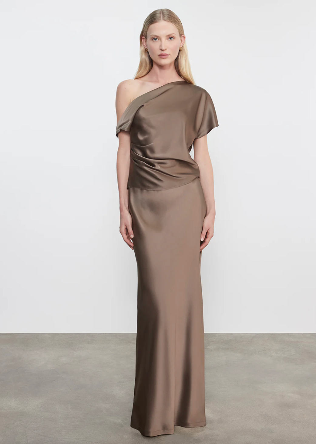 Silk Satin Asymmetrical Drape Top in Mushroom ELI Silk Satin Asymmetrical Drape Top in Mushroom ELI