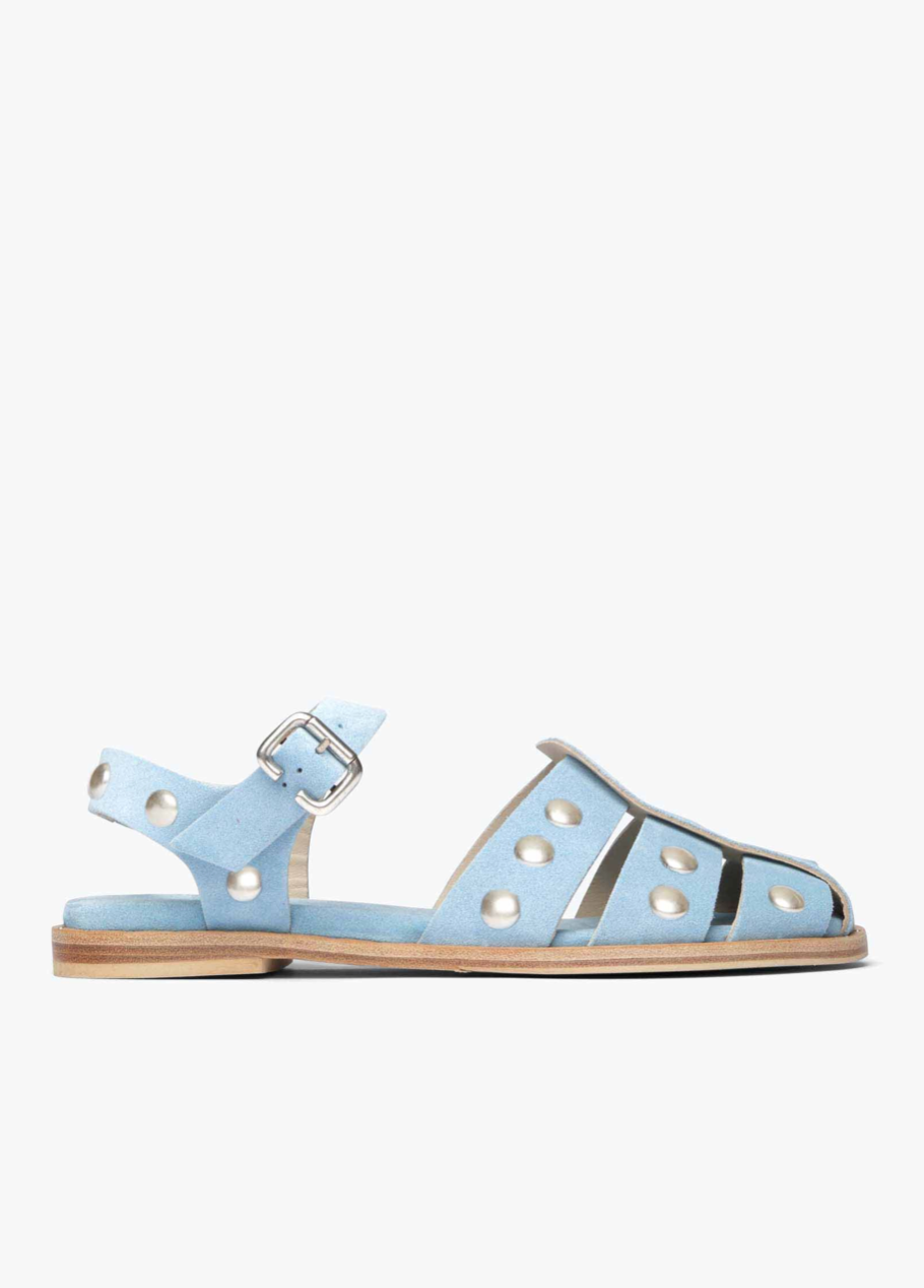 Freda Salvador Sera Silver Studded Fisherman Sandals in Blue Suede