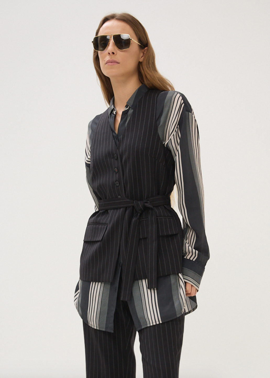 Person wearing Maria Cher Lou Becca Pinstripe Vest in Black