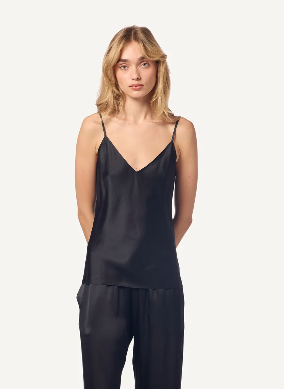 Person wearing Sablyn Gloria Silk Tank in Black