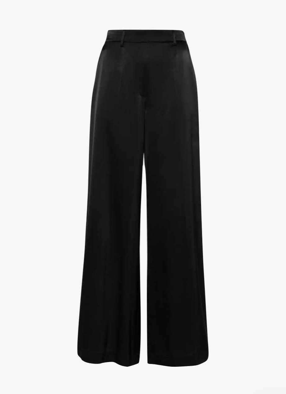 Stretch Silk Satin Wide Leg Pants in Nero