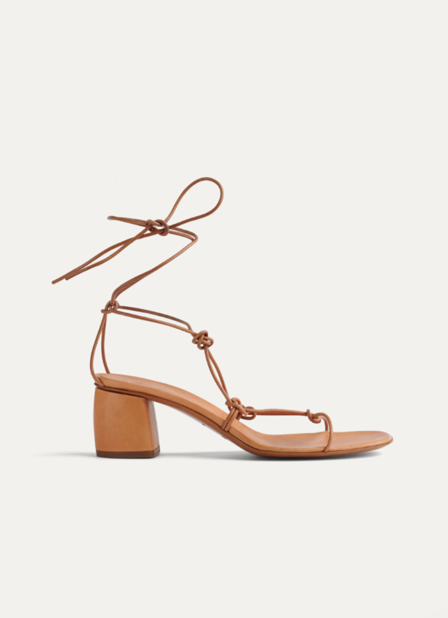 Leather Strings Heeled Sandals in Naturale