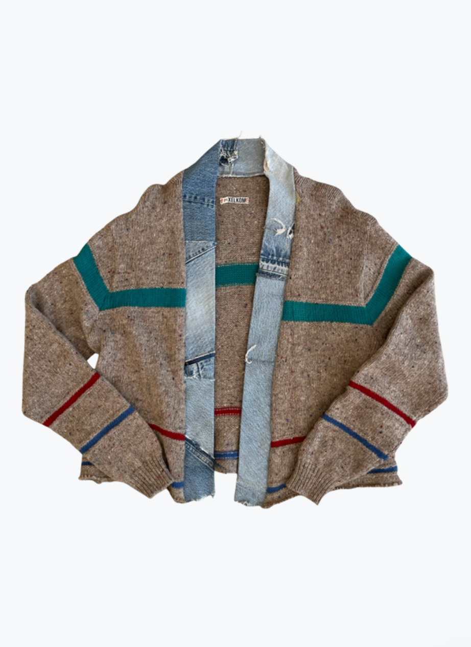 XELKOM One-of-a-Kind Striped Cardigan with Denim Collar