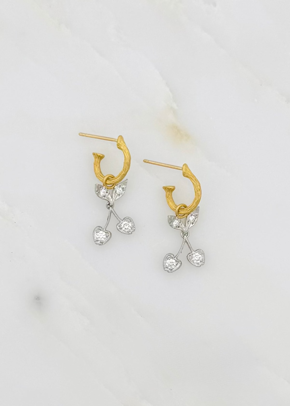 cathy waterman find jewelry 18k yellow gold platinum diamonds Cherry Drop Earrings huggies