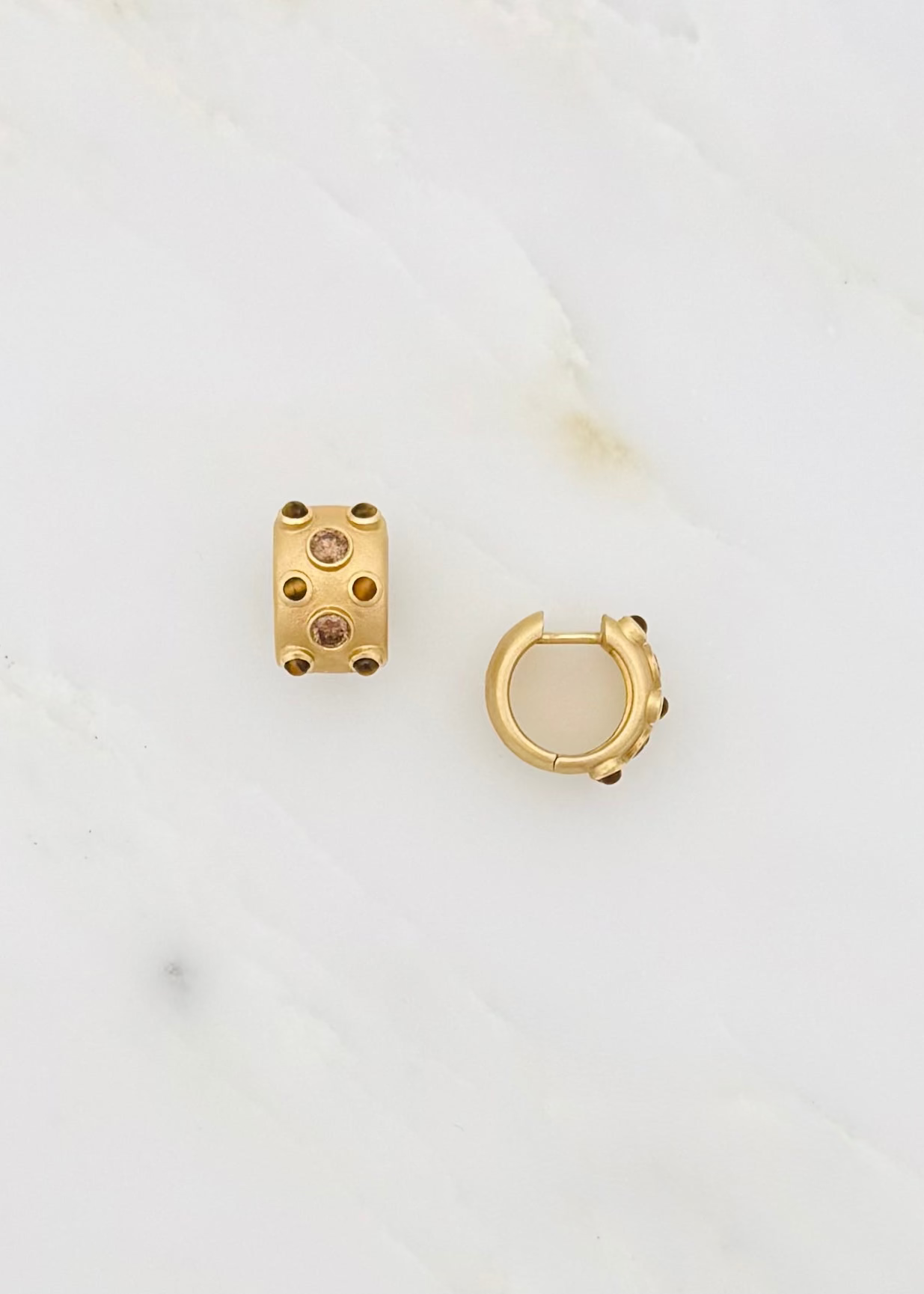 grace winfrey fine jewelry 18k yellow gold Chubby Trio Huggies with Tigers Eye champagne diamonds