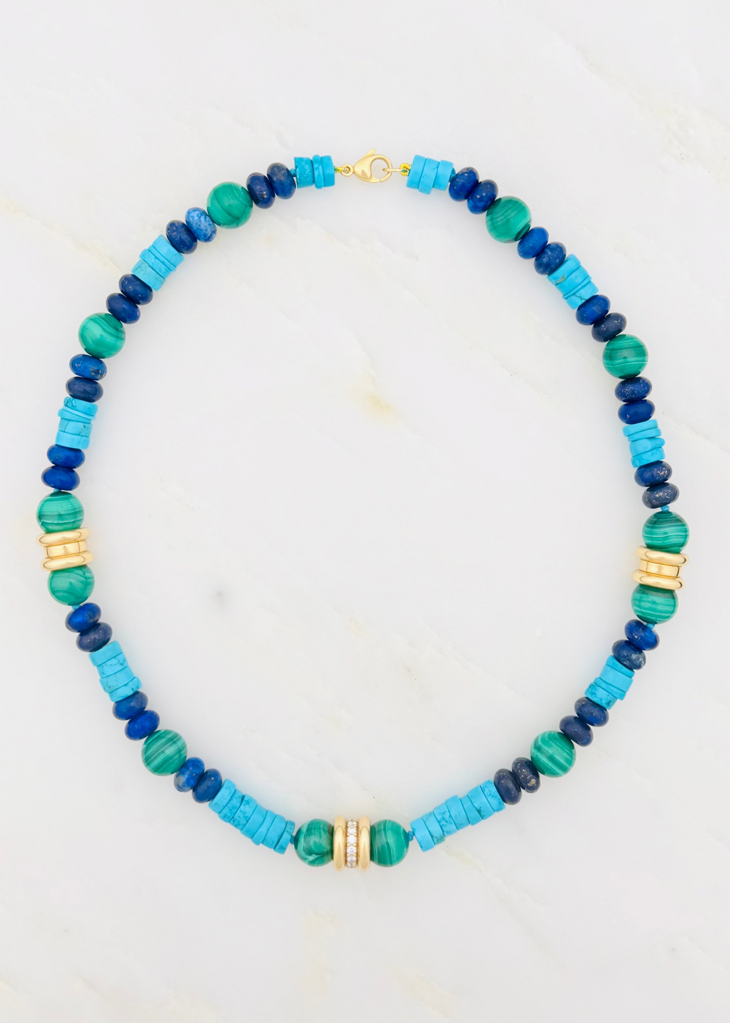 grace winfrey fine jewelry 18k yellow gold lapis malachite diamond beaded santorini necklace