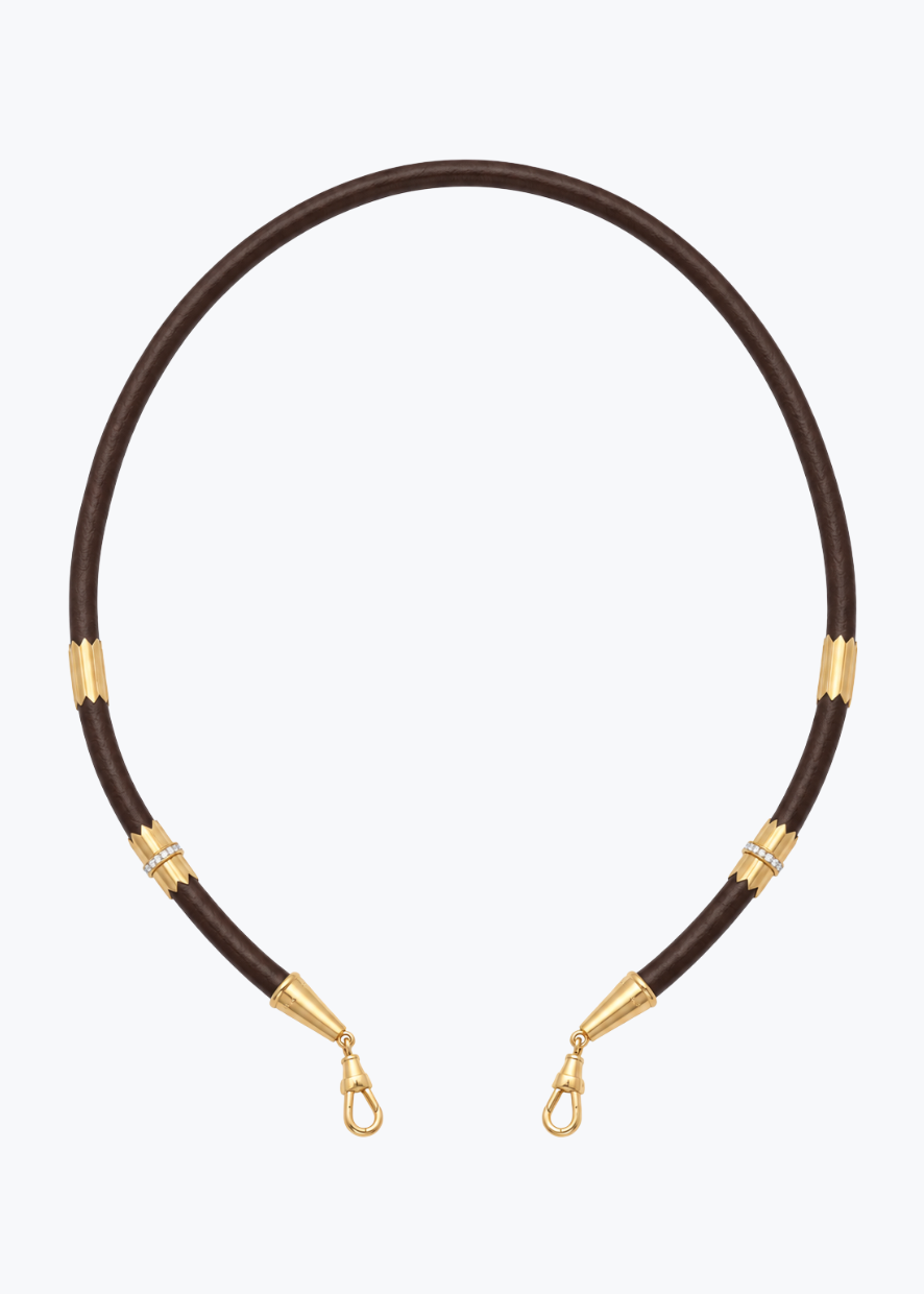 marie lichtenberg fine jewelry 18k yellow gold Brown Leather 4 Bead Gold Lasso Necklace with Diamonds