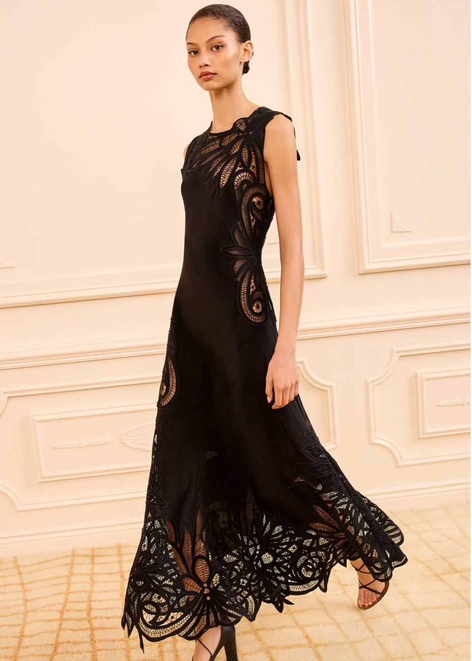 Idra Lace Applique Dress in Noir