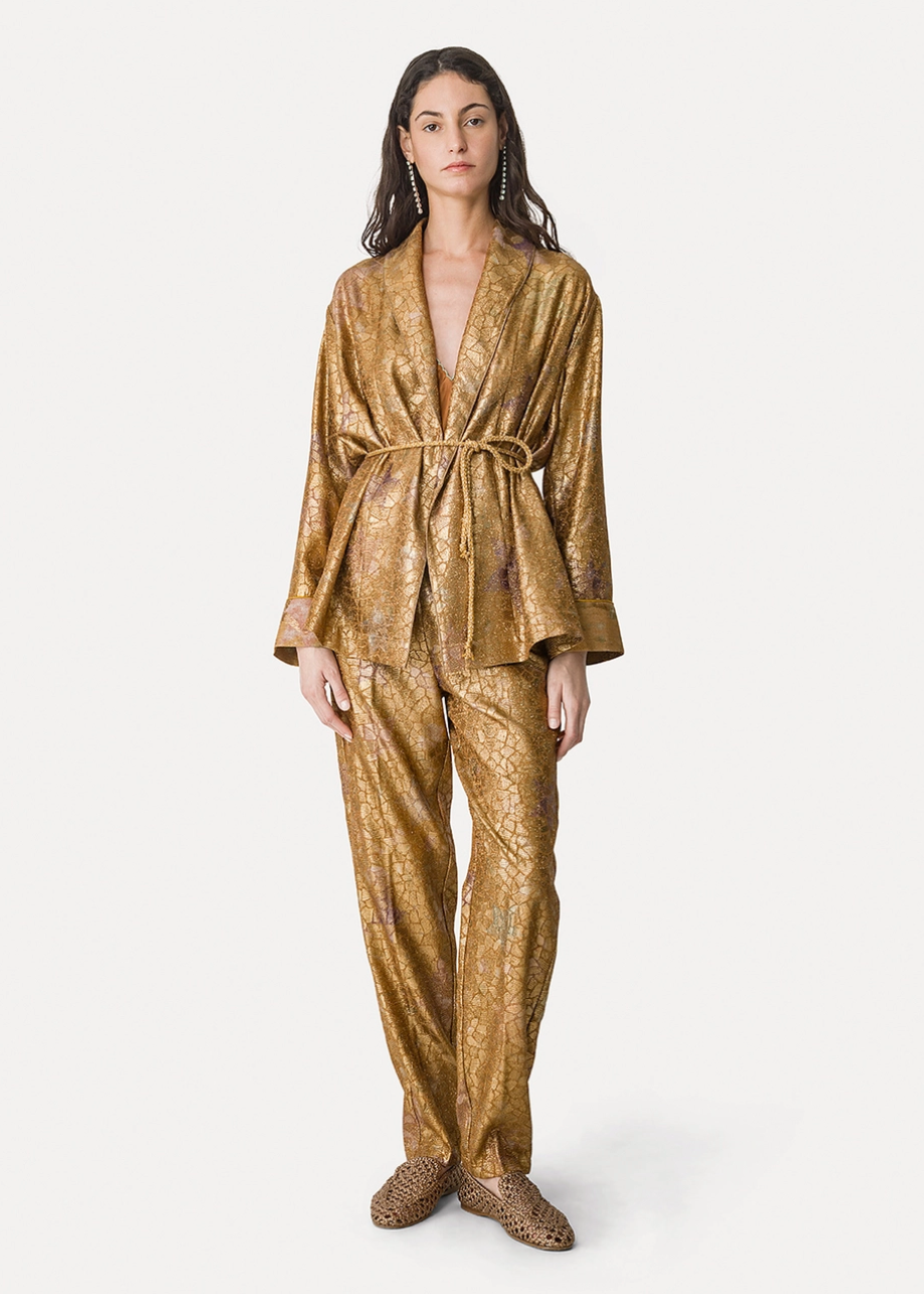person wearing 14800 myjacket forte forte womens Kimono Jacket and pants in "Les Folies" Lurex Jacquard 