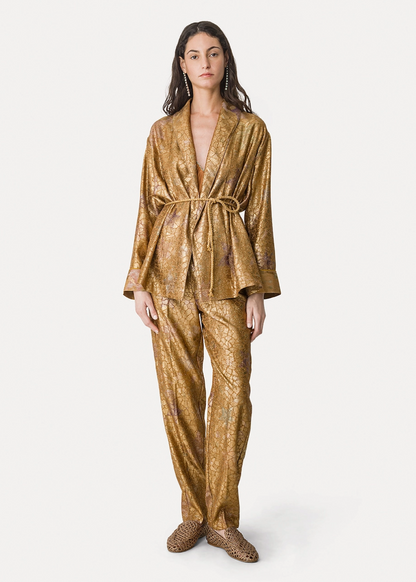 person wearing 14800 myjacket forte forte womens Kimono Jacket and pants in "Les Folies" Lurex Jacquard 