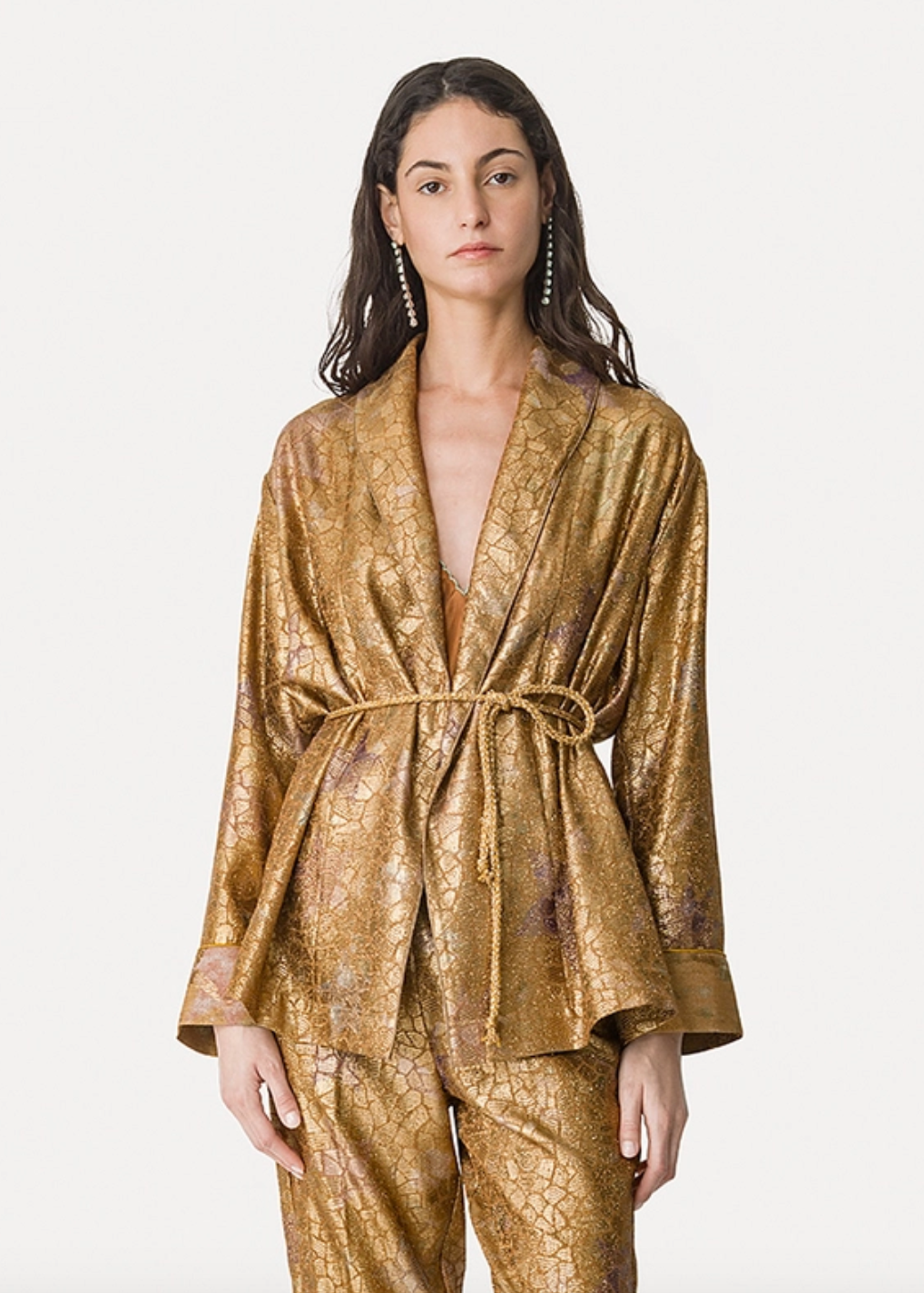 person wearing 14800 myjacket forte forte womens Kimono Jacket in "Les Folies" Lurex Jacquard