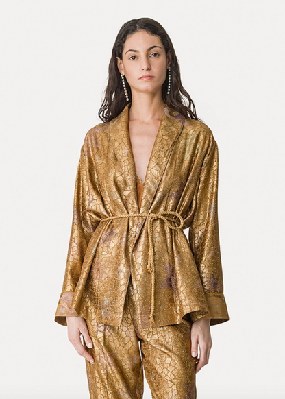 person wearing 14800 myjacket forte forte womens Kimono Jacket in "Les Folies" Lurex Jacquard