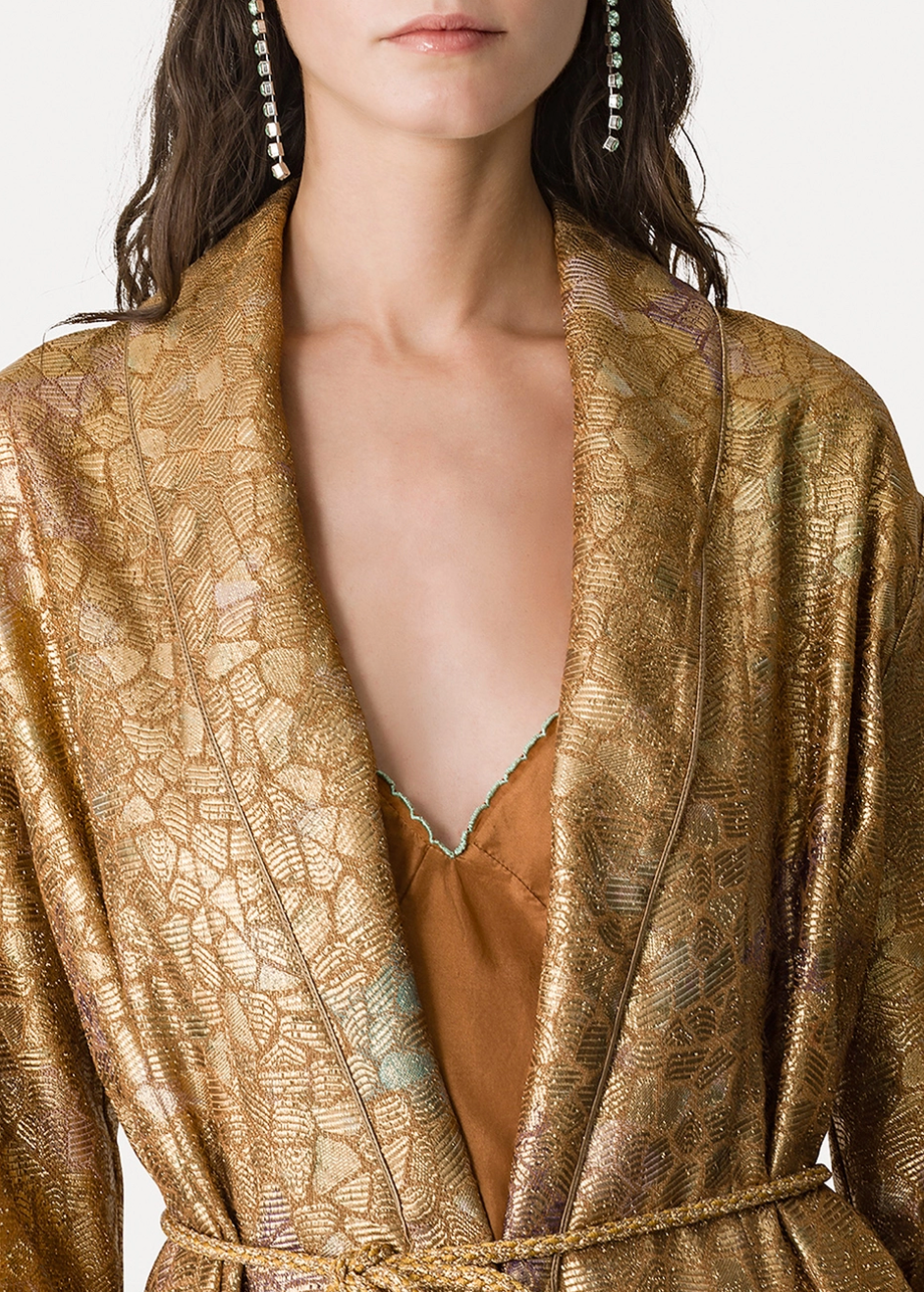 person wearing 14800 myjacket forte forte womens Kimono Jacket in "Les Folies" Lurex Jacquard