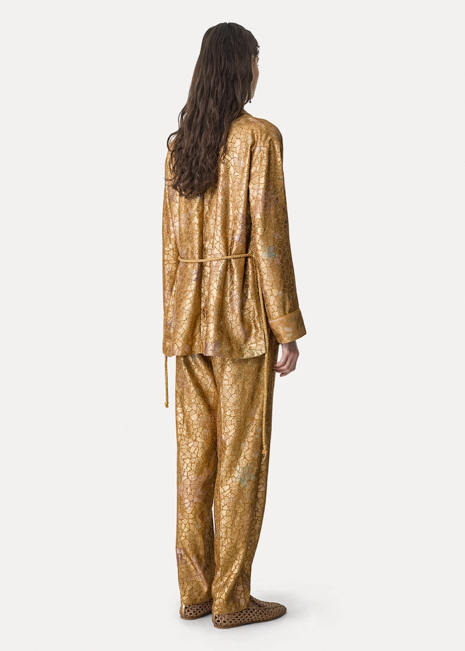person wearing 14800 myjacket forte forte womens Kimono Jacket in "Les Folies" Lurex Jacquard and pants