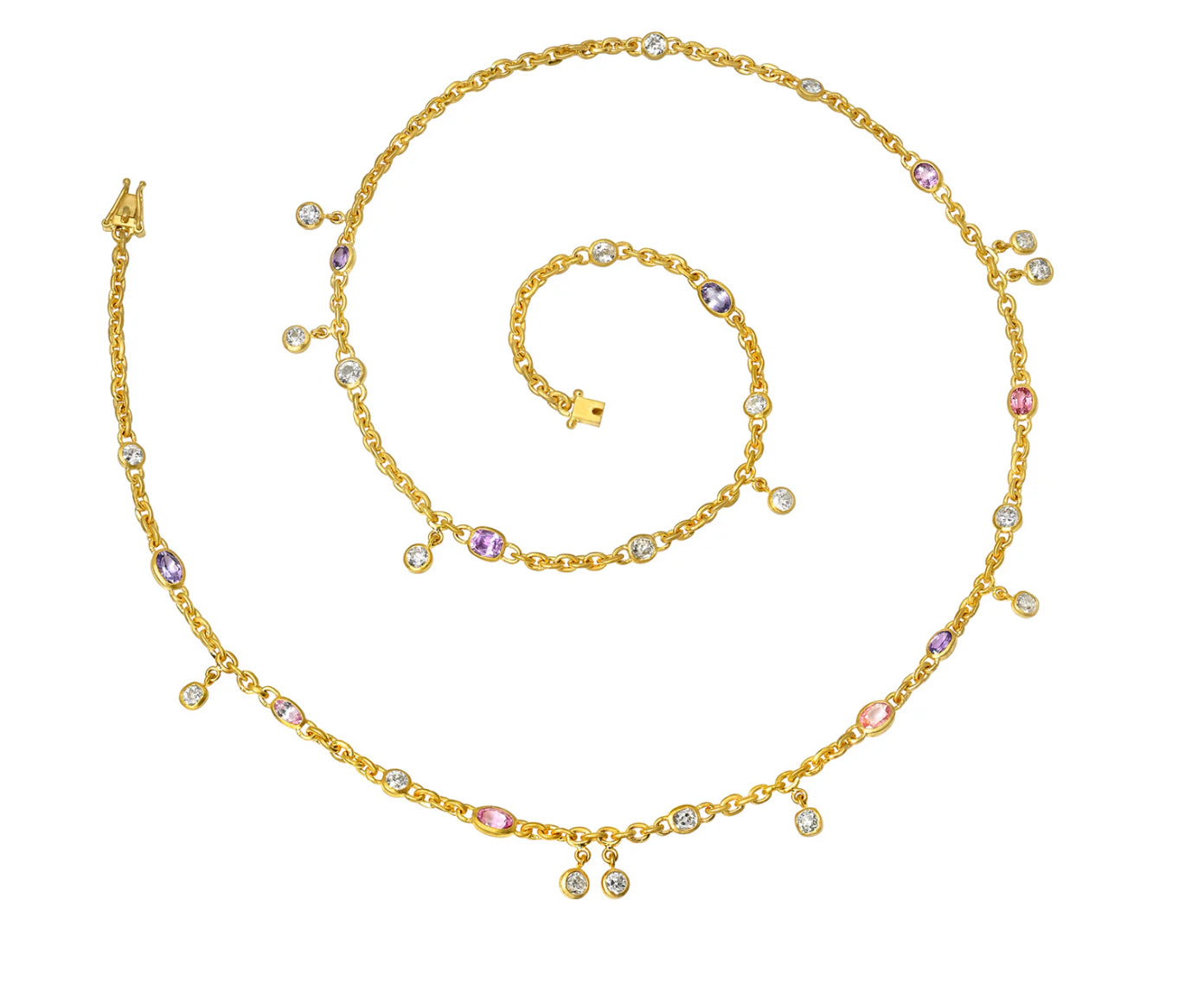 One of a Kind 24” Diamond and Purple & Padparadscha Sapphire Fairy Chain Necklace