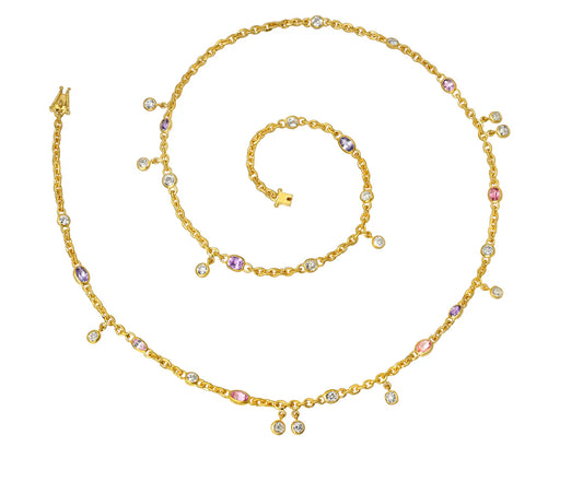 One of a Kind 24” Diamond and Purple & Padparadscha Sapphire Fairy Chain Necklace