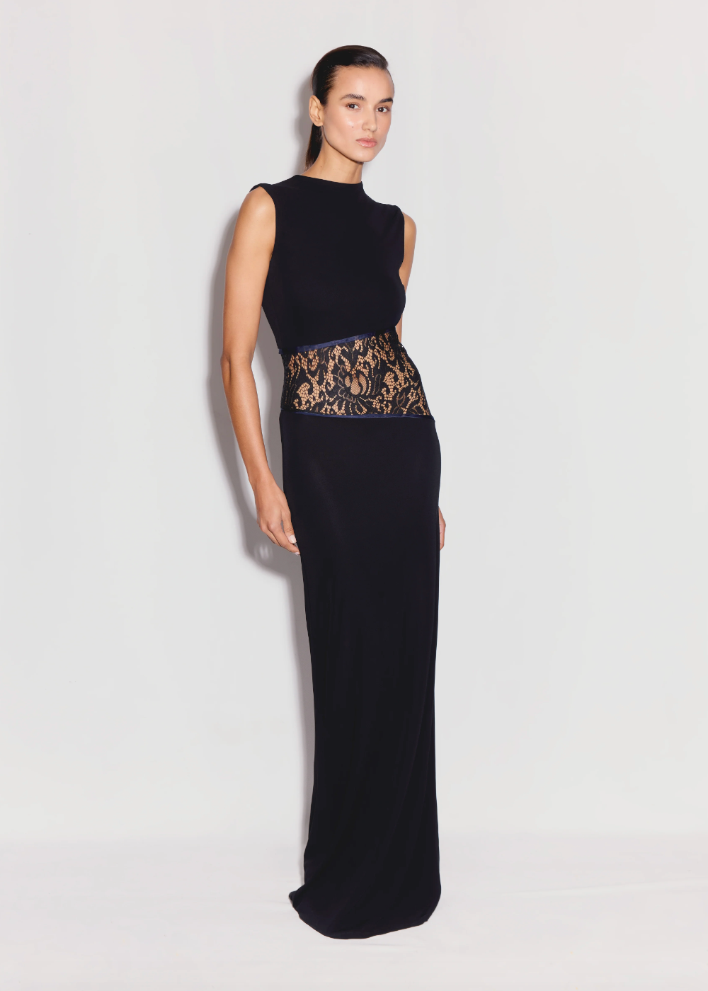 Person wearing ANIM womens Anna Sleeveless Maxi Dress with Lace Detail black