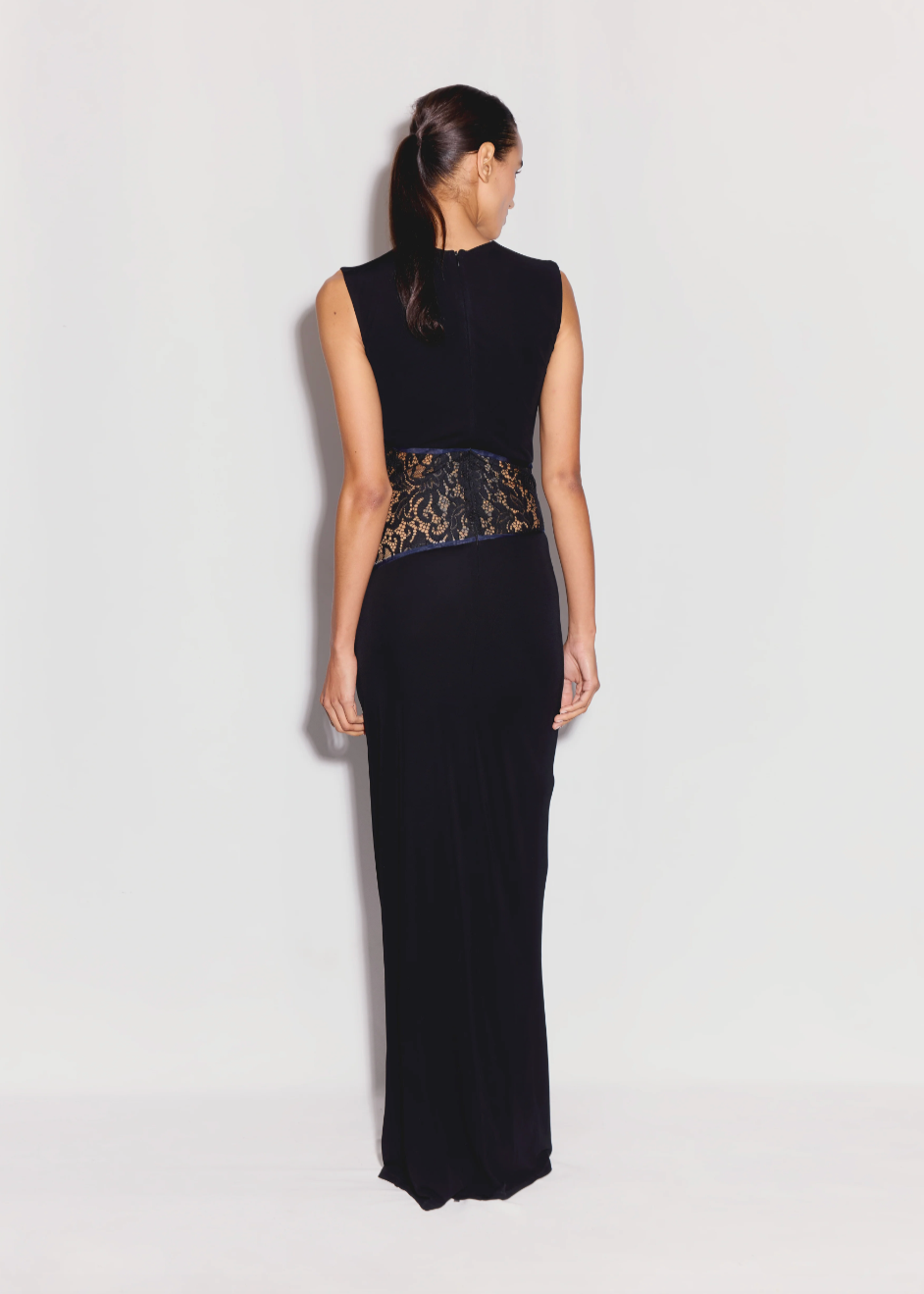 Person wearing ANIM womens Anna Sleeveless Maxi Dress with Lace Detail black