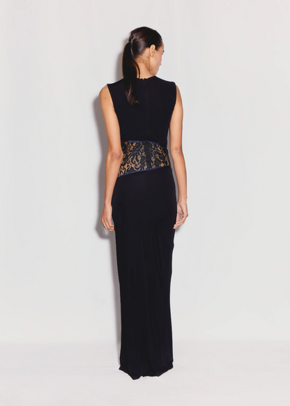 Person wearing ANIM womens Anna Sleeveless Maxi Dress with Lace Detail black