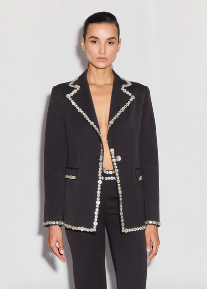 Person wearing ANIM womens Lexa Blazer with shell button details dark brown