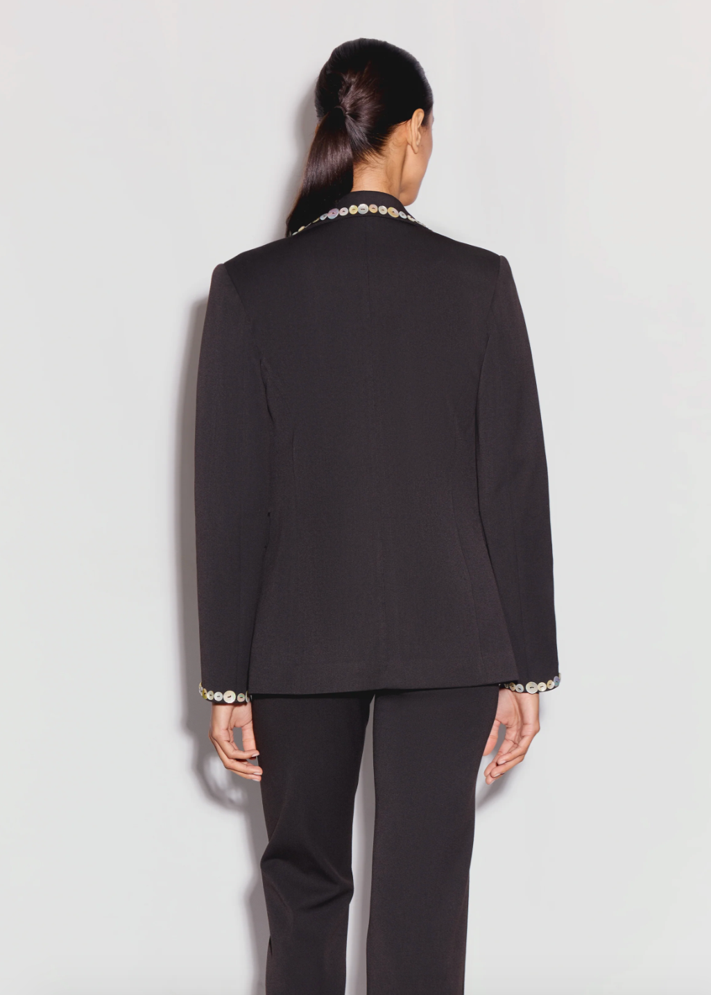 Person wearing ANIM womens Lexa Blazer with shell button details dark brown