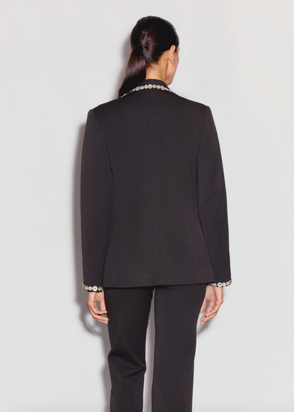 Person wearing ANIM womens Lexa Blazer with shell button details dark brown