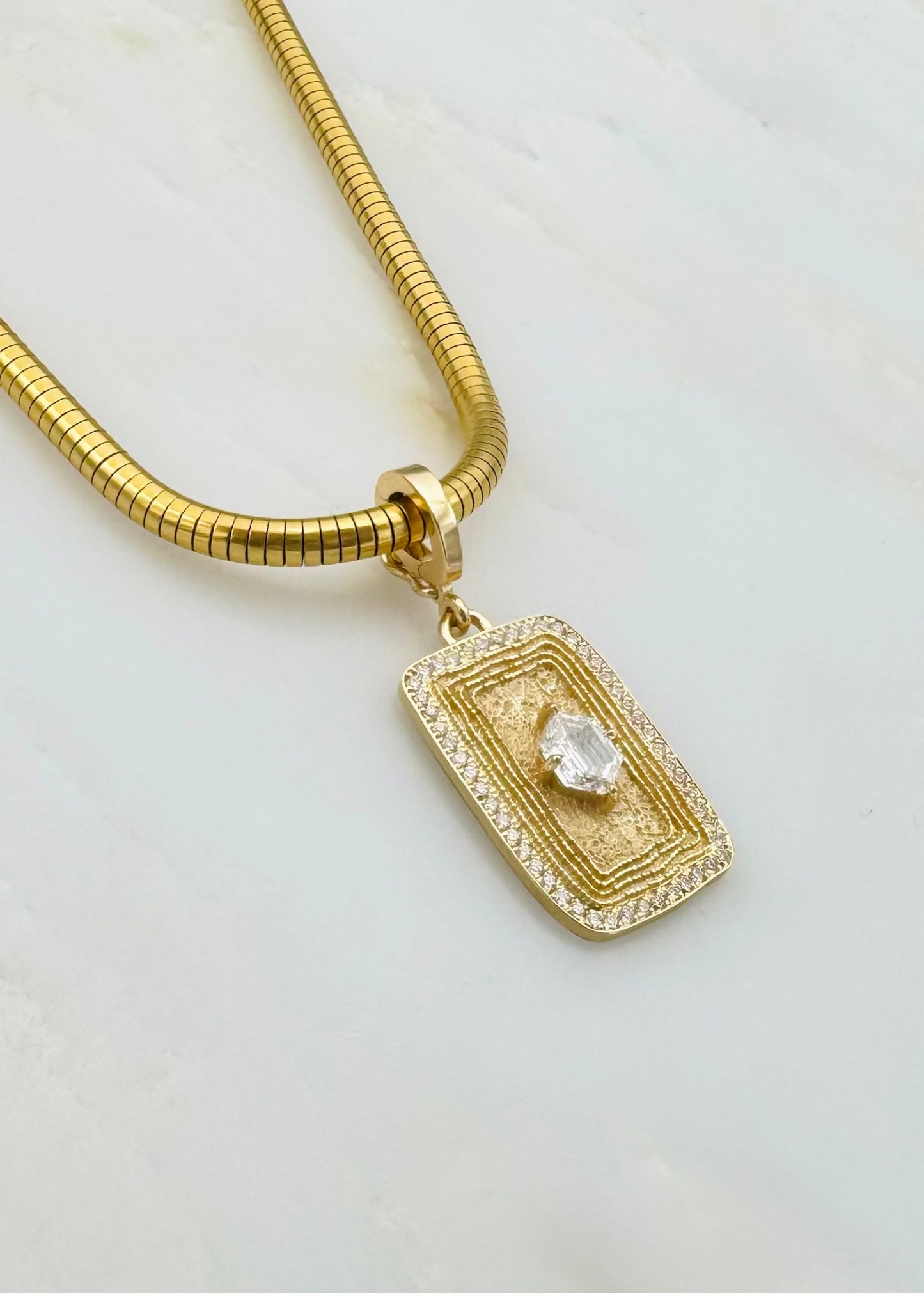AZLEE FINE JEWELRY 18K YELLOW GOLD Elongated Hexagon Medium Pave Diamond Relic Coin