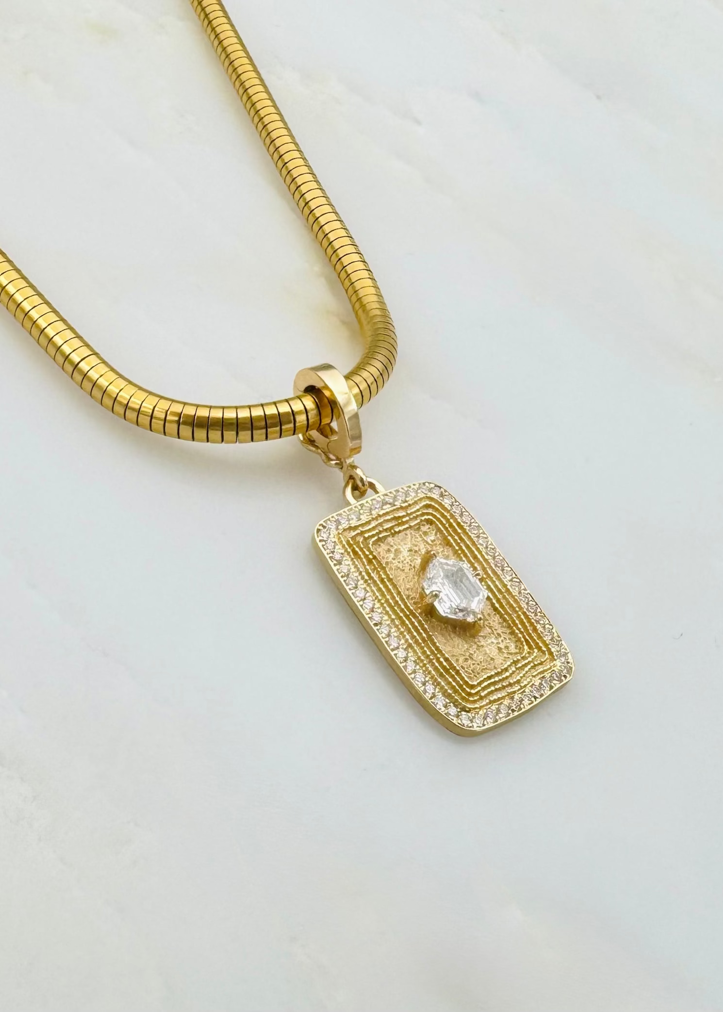 AZLEE FINE JEWELRY 18K YELLOW GOLD Elongated Hexagon Medium Pave Diamond Relic Coin