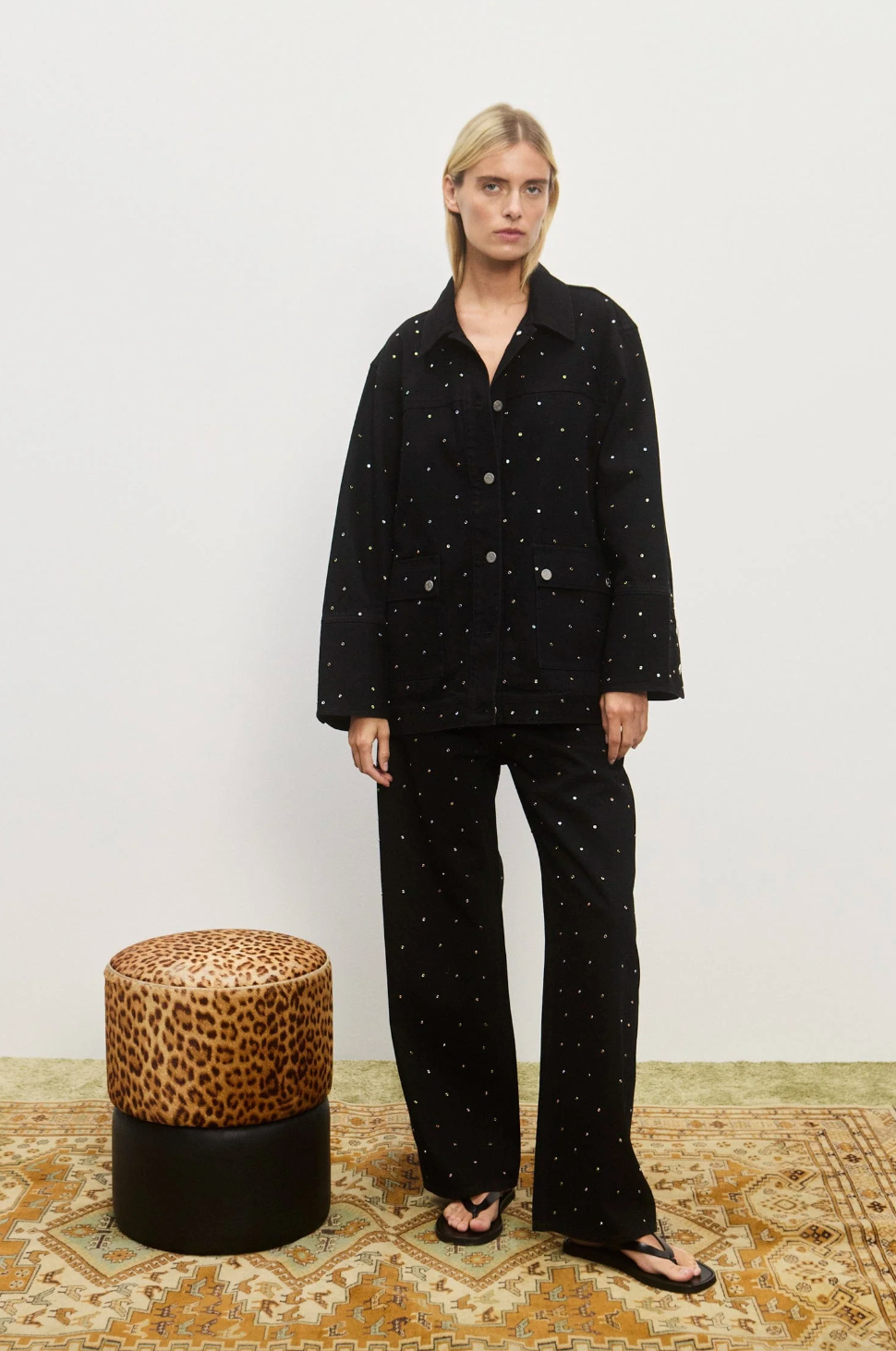 Person wearing Alemais Simona Denim Jacket Crystal Embellished Black