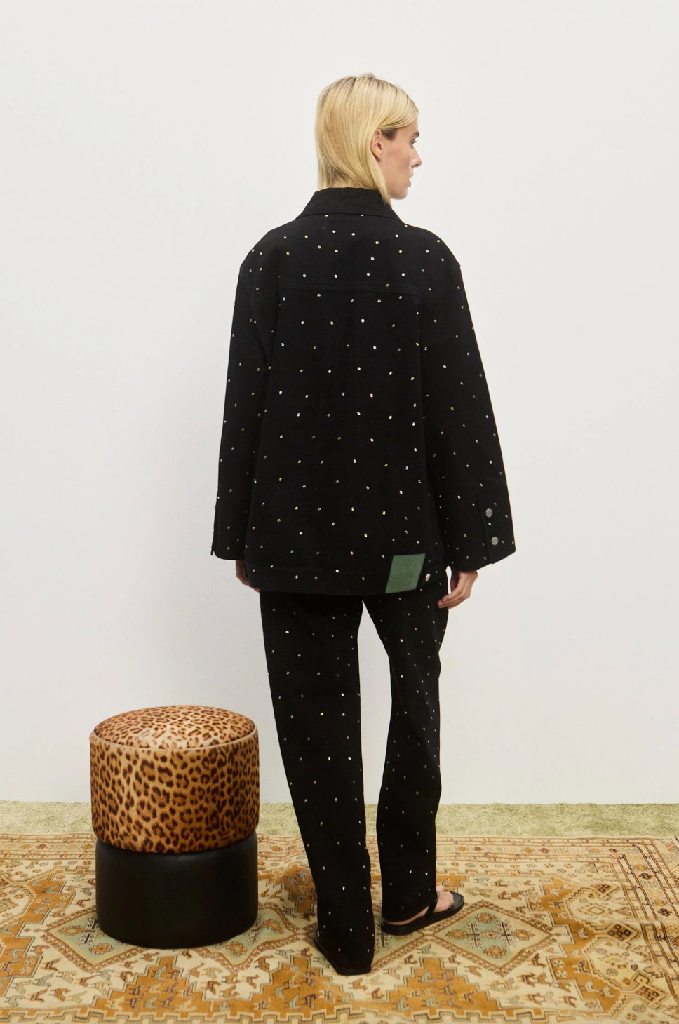 Person wearing Alemais Simona Denim Jacket Crystal Embellished Black