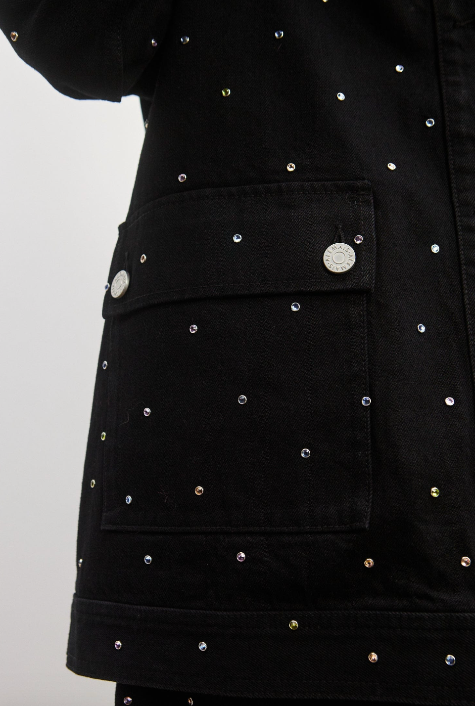 Person wearing Alemais Simona Denim Jacket Crystal Embellished Black