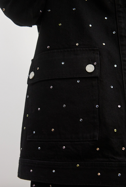 Person wearing Alemais Simona Denim Jacket Crystal Embellished Black