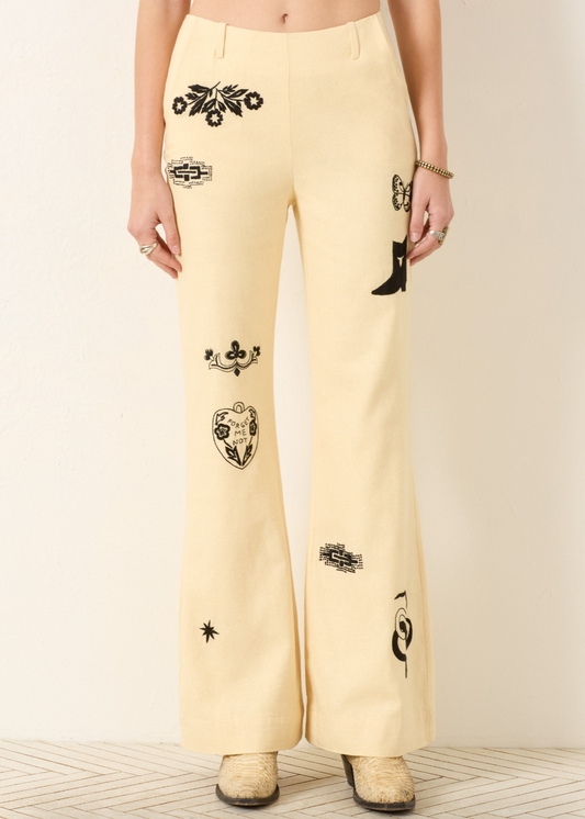 Person wearing Alix of Bohemia Charlie Rye Tattoo Silk Linen Pants