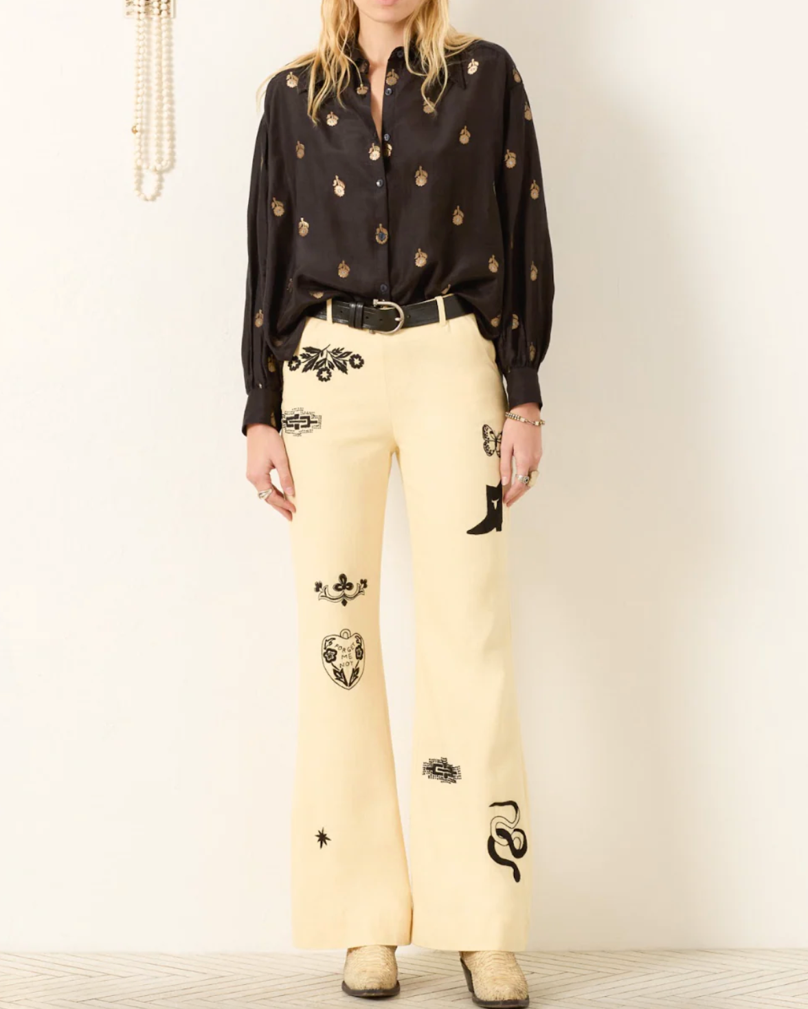 Person wearing Alix of Bohemia Charlie Rye Tattoo Silk Linen Pants