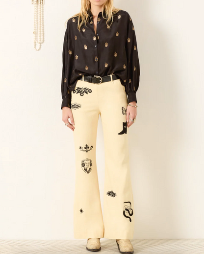 Person wearing Alix of Bohemia Charlie Rye Tattoo Silk Linen Pants