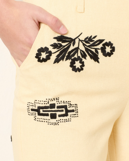 Person wearing Alix of Bohemia Charlie Rye Tattoo Silk Linen Pants