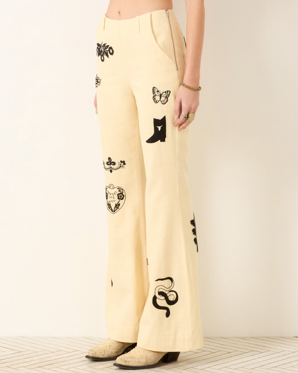 Person wearing Alix of Bohemia Charlie Rye Tattoo Silk Linen Pants