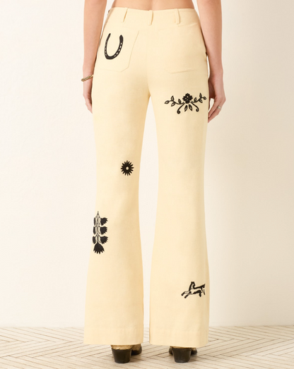 Person wearing Alix of Bohemia Charlie Rye Tattoo Silk Linen Pants