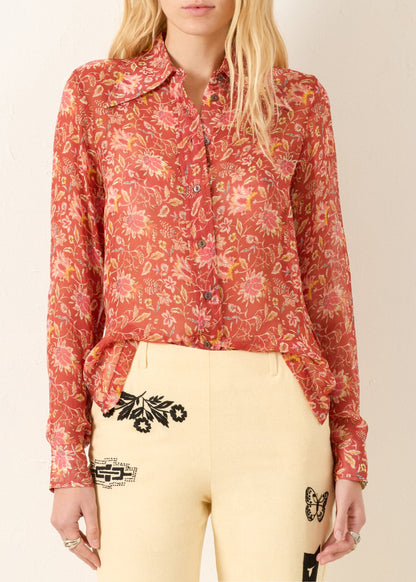 Person wearing Alix of Bohemia FW25-DOL013-SDollySunsetEmberShirt0467