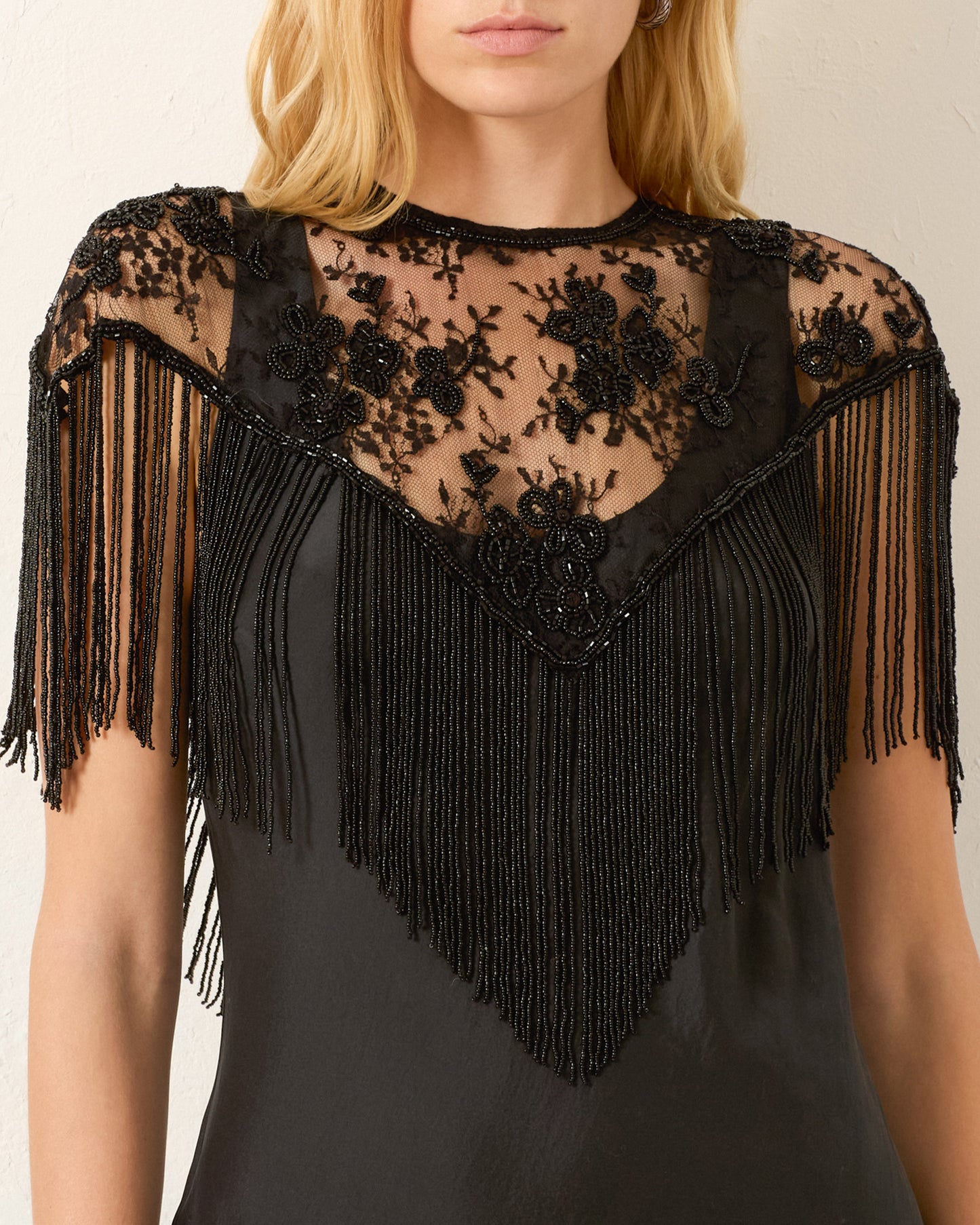 Person wearing Alix of Bohemia FW25-FLO116-TFlouNightRideLaceCapelet_2457