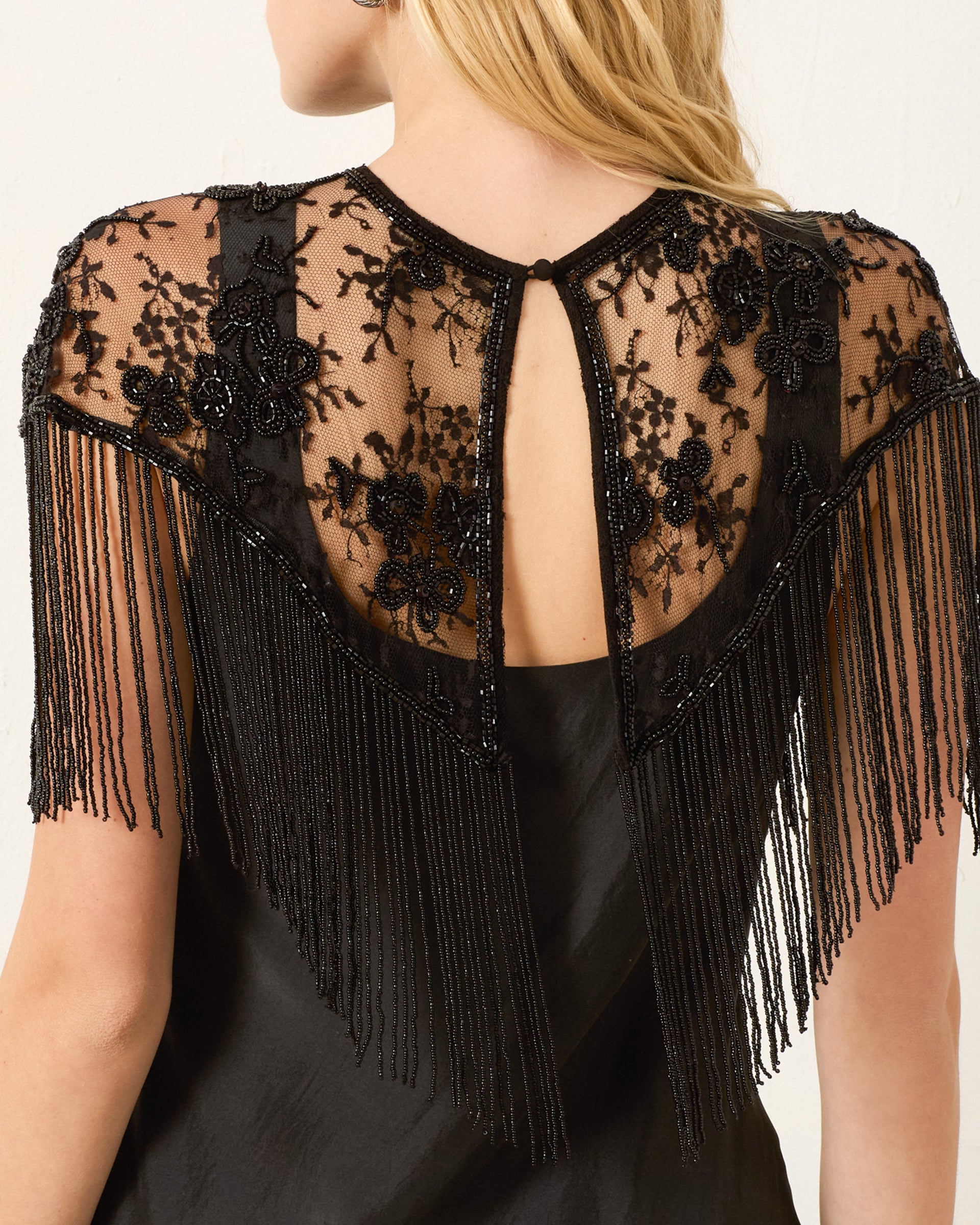 Person wearing Alix of Bohemia FW25-FLO116-TFlouNightRideLaceCapelet_2457