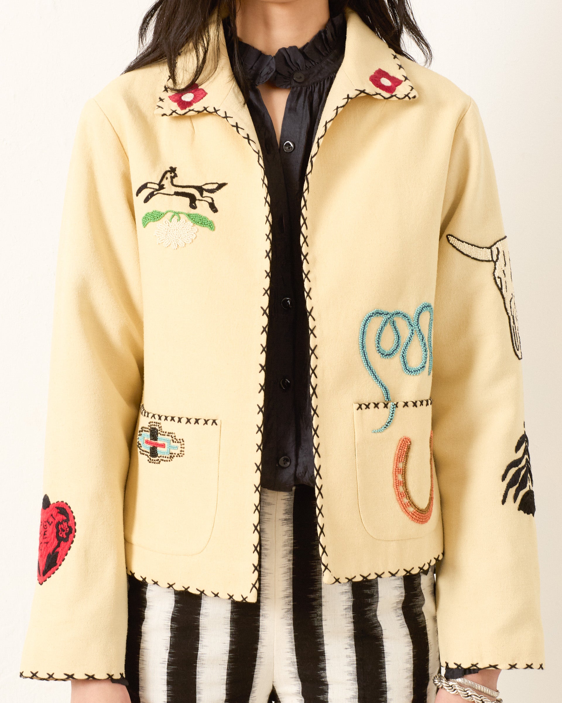 Person wearing Alix of Bohemia FW25-FRA128-JFrancisRyeTattooJacket0559