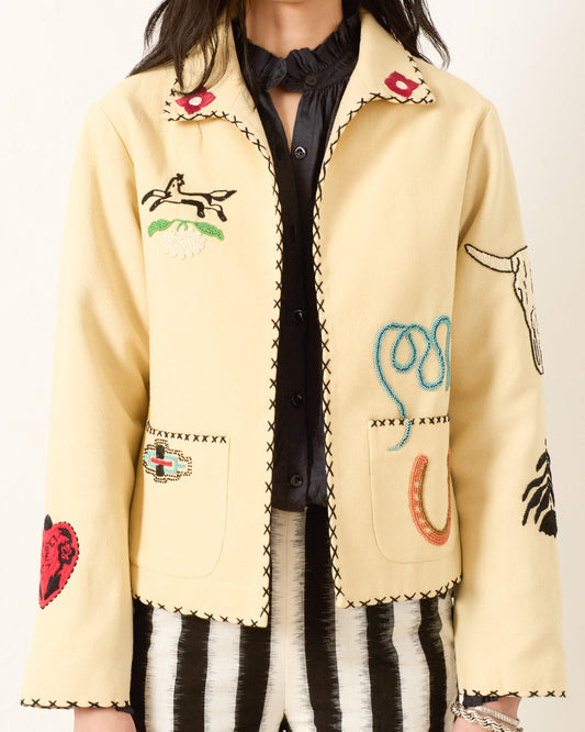 Person wearing Alix of Bohemia FW25-FRA128-JFrancisRyeTattooJacket0559