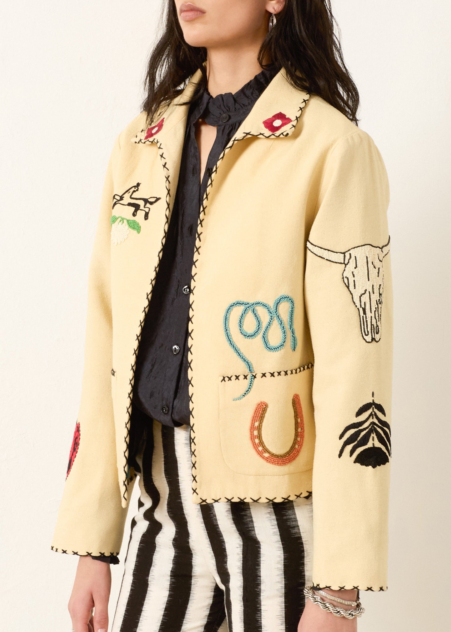 Person wearing Alix of Bohemia FW25-FRA128-JFrancisRyeTattooJacket0559