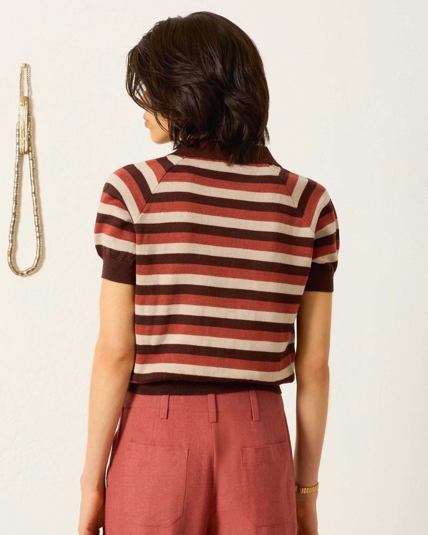 Person wearing Alix of Bohemia Lessi Sandstone Stripe Top
