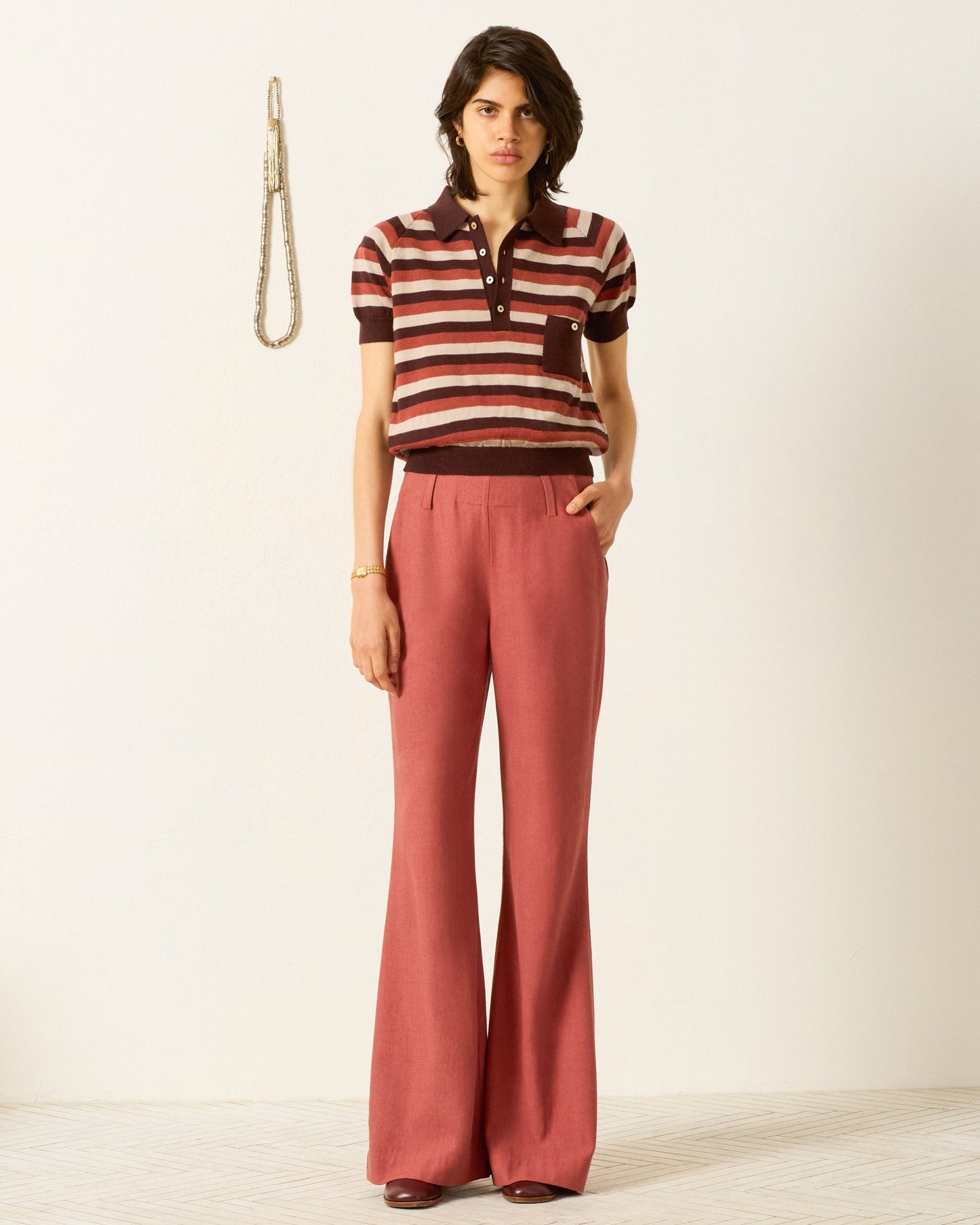 Person wearing Alix of Bohemia Lessi Sandstone Stripe Top